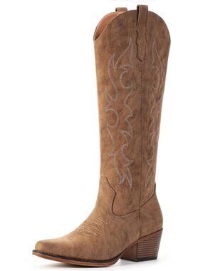 Women's Brown Embroidered Pull On Casual Low Heel Pointed Toe Cowgirl Boots